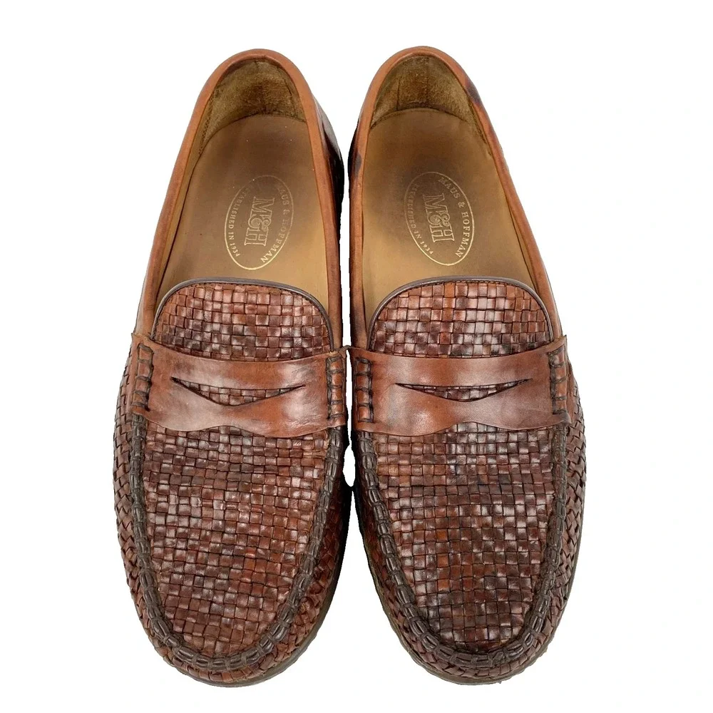 Luxury Maus & Hoffman Leather Penny Loafers Men's 8 Tan Brown Woven Leather 41